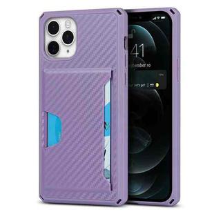 For iPhone 11 Pro Carbon Fiber Armor Shockproof TPU + PC Hard Case with Card Slot Holder (Purple)