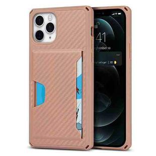 For iPhone 11 Pro Carbon Fiber Armor Shockproof TPU + PC Hard Case with Card Slot Holder (Rose Gold)