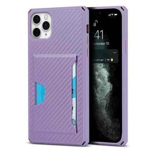 For iPhone 11 Pro Max Carbon Fiber Armor Shockproof TPU + PC Hard Case with Card Slot Holder (Purple)