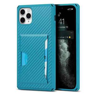 For iPhone 11 Pro Max Carbon Fiber Armor Shockproof TPU + PC Hard Case with Card Slot Holder (Blue)