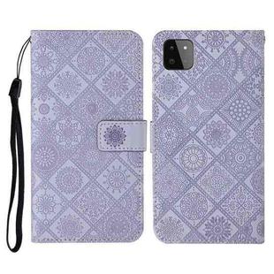 For Samsung Galaxy A22 5G Ethnic Style Embossed Pattern Horizontal Flip Leather Case with Holder & Card Slots & Wallet & Lanyard(Purple)