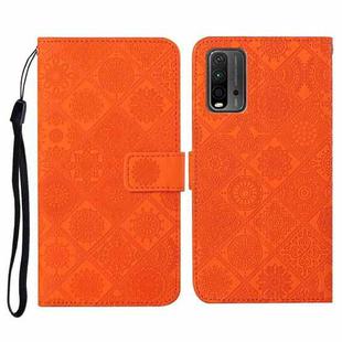 For Xiaomi Redmi 9T Ethnic Style Embossed Pattern Horizontal Flip Leather Case with Holder & Card Slots & Wallet & Lanyard(Orange)