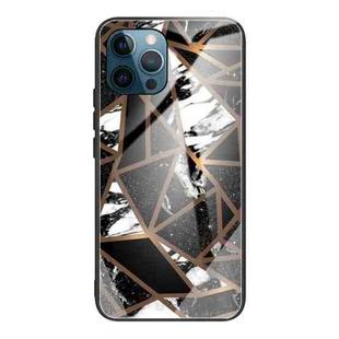 For iPhone 12 / 12 Pro Abstract Marble Pattern Glass Protective Case(Rhombus Black)