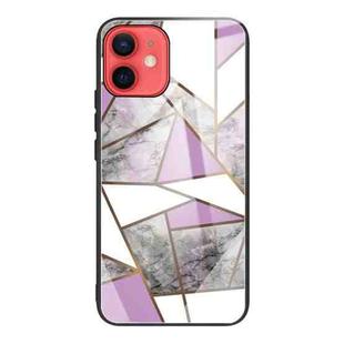 For iPhone 12 mini Abstract Marble Pattern Glass Protective Case (Rhombus Gray Purple)