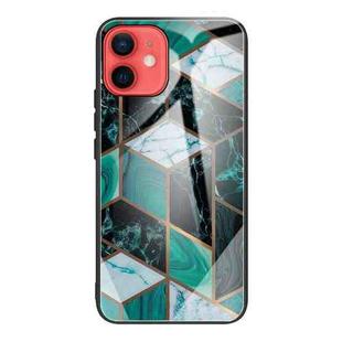 For iPhone 12 mini Abstract Marble Pattern Glass Protective Case (Rhombus Dark Green)