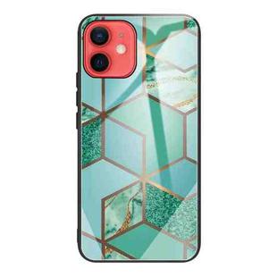 For iPhone 12 mini Abstract Marble Pattern Glass Protective Case (Rhombus Green)