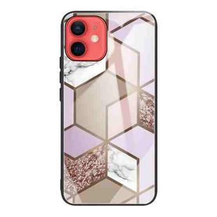 For iPhone 12 mini Abstract Marble Pattern Glass Protective Case (Rhombus Orange Purple)