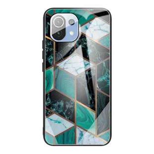 For Xiaomi Mi 11 Abstract Marble Pattern Glass Protective Case(Rhombus Dark Green)
