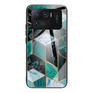 For Xiaomi Mi 11 Ultra Abstract Marble Pattern Glass Protective Case(Rhombus Dark Green)