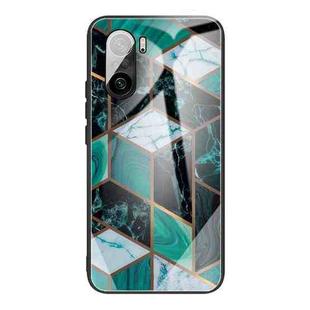 For Xiaomi Redmi K40 / K40 Pro / K40 Pro+ Abstract Marble Pattern Glass Protective Case(Rhombus Dark Green)