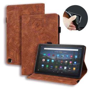 For Amazon Fire HD 10 2023 / 10 Plus (2021) Calf Pattern Double Folding Design Embossed Leather Case with Holder & Card Slots & Pen Slot & Elastic Band(Brown)