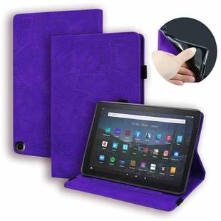 For Amazon Fire HD 10 2023 / 10 Plus (2021) Calf Pattern Double Folding Design Embossed Leather Case with Holder & Card Slots & Pen Slot & Elastic Band(Purple)