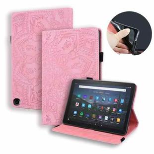 For Amazon Fire HD 10 2023 / 10 Plus (2021) Calf Pattern Double Folding Design Embossed Leather Case with Holder & Card Slots & Pen Slot & Elastic Band(Pink)