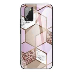 For Samsung Galaxy A02s (US Version) Abstract Marble Pattern Glass Protective Case(Rhombus Orange Purple)