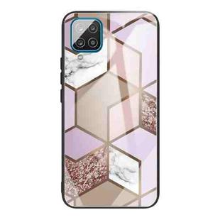 For Samsung Galaxy A12 5G Abstract Marble Pattern Glass Protective Case(Rhombus Orange Purple)