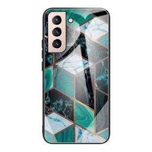 For Samsung Galaxy S21 5G Abstract Marble Pattern Glass Protective Case(Rhombus Dark Green)