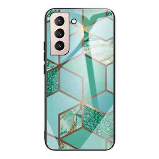 For Samsung Galaxy S21+ 5G Abstract Marble Pattern Glass Protective Case(Rhombus Green)