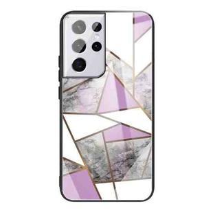 For Samsung Galaxy S21 Ultra 5G Abstract Marble Pattern Glass Protective Case(Rhombus Gray Purple)
