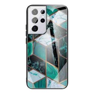 For Samsung Galaxy S21 Ultra 5G Abstract Marble Pattern Glass Protective Case(Rhombus Dark Green)