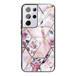 For Samsung Galaxy S21 Ultra 5G Abstract Marble Pattern Glass Protective Case(Rhombus Rose)
