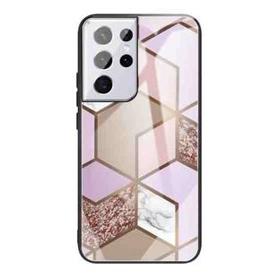For Samsung Galaxy S21 Ultra 5G Abstract Marble Pattern Glass Protective Case(Rhombus Orange Purple)