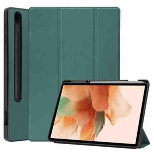 For Samsung Galaxy Tab S7 Lite T730 / T735 / Tab S7 FE T736 Pure Color Horizontal Flip TPU + PU Leather Case with Three-folding Holder & Sleep / Wake-up Function & Pen Slot(Dark Green)