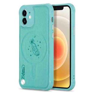 For iPhone 11 Pro Max Astronaut Pattern Electroplating Push Button Shockproof TPU Magsafe Case (Lake Green)