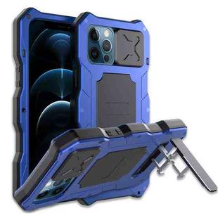 For iPhone 12 / 12 Pro Aluminum Alloy + Silicone Anti-dust Full Body Protection with Holder(Blue)