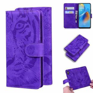 For OPPO A74 4G / F19 4G Tiger Embossing Pattern Horizontal Flip Leather Case with Holder & Card Slots & Wallet(Purple)