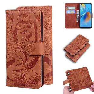 For OPPO A74 4G / F19 4G Tiger Embossing Pattern Horizontal Flip Leather Case with Holder & Card Slots & Wallet(Brown)
