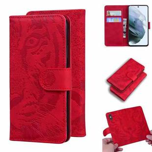 For Samsung Galaxy S21 FE Tiger Embossing Pattern Horizontal Flip Leather Case with Holder & Card Slots & Wallet(Red)