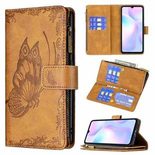 For Xiaomi Redmi 9A Flying Butterfly Embossing Pattern Zipper Horizontal Flip Leather Case with Holder & Card Slots & Wallet(Brown)