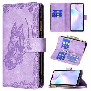 For Xiaomi Redmi 9A Flying Butterfly Embossing Pattern Zipper Horizontal Flip Leather Case with Holder & Card Slots & Wallet(Purple)