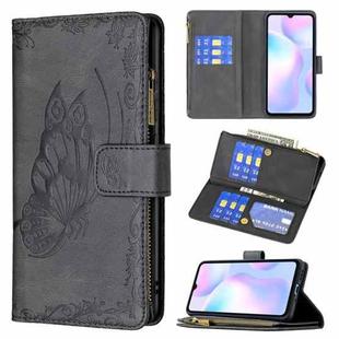 For Xiaomi Redmi 9A Flying Butterfly Embossing Pattern Zipper Horizontal Flip Leather Case with Holder & Card Slots & Wallet(Black)