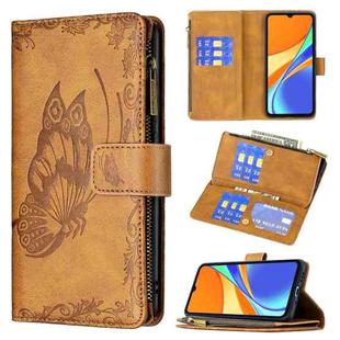 For Xiaomi Redmi 9C Flying Butterfly Embossing Pattern Zipper Horizontal Flip Leather Case with Holder & Card Slots & Wallet(Brown)