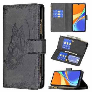For Xiaomi Redmi 9C Flying Butterfly Embossing Pattern Zipper Horizontal Flip Leather Case with Holder & Card Slots & Wallet(Black)