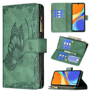 For Xiaomi Redmi 9C Flying Butterfly Embossing Pattern Zipper Horizontal Flip Leather Case with Holder & Card Slots & Wallet(Green)