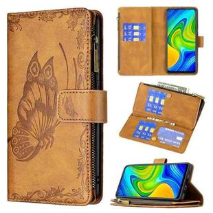 For Xiaomi Redmi Note 9 Flying Butterfly Embossing Pattern Zipper Horizontal Flip Leather Case with Holder & Card Slots & Wallet(Brown)