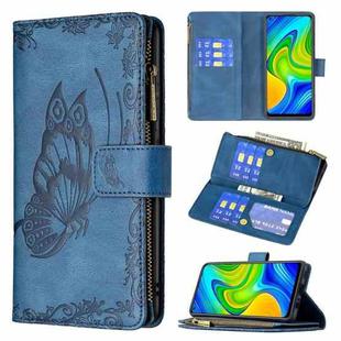 For Xiaomi Redmi Note 9 Flying Butterfly Embossing Pattern Zipper Horizontal Flip Leather Case with Holder & Card Slots & Wallet(Blue)
