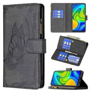 For Xiaomi Redmi Note 9 Flying Butterfly Embossing Pattern Zipper Horizontal Flip Leather Case with Holder & Card Slots & Wallet(Black)