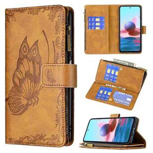 For Xiaomi Redmi Note 10 4G Flying Butterfly Embossing Pattern Zipper Horizontal Flip Leather Case with Holder & Card Slots & Wallet(Brown)