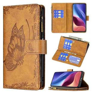 For Xiaomi Mi 11i/Poco F3/Redmi K40 Flying Butterfly Embossing Pattern Zipper Horizontal Flip Leather Case with Holder & Card Slots & Wallet(Brown)
