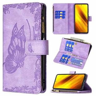For Xiaomi Poco X3 Flying Butterfly Embossing Pattern Zipper Horizontal Flip Leather Case with Holder & Card Slots & Wallet(Purple)