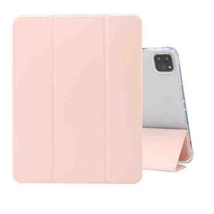 For iPad Pro 11 2022 / 2021 Three-folding Electric Pressed Skin Texture Horizontal Flip Shockproof Transparent TPU + PU Leather Tablet Case with Holder & Pen Slot & Sleep / Wake-up Function(Light Pink)