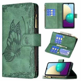 For Samsung Galaxy A02 Flying Butterfly Embossing Pattern Zipper Horizontal Flip Leather Case with Holder & Card Slots & Wallet(Green)
