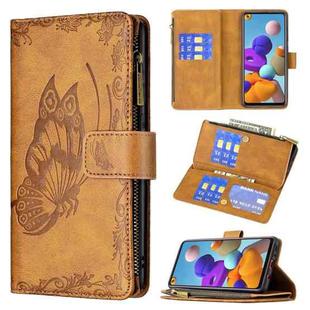 For Samsung Galaxy A21s Flying Butterfly Embossing Pattern Zipper Horizontal Flip Leather Case with Holder & Card Slots & Wallet(Brown)