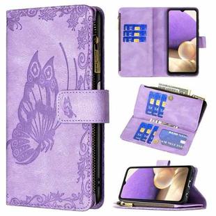 For Samsung Galaxy A32 5G Flying Butterfly Embossing Pattern Zipper Horizontal Flip Leather Case with Holder & Card Slots & Wallet(Purple)