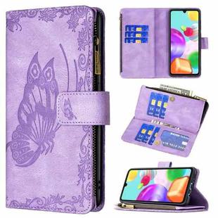 For Samsung Galaxy A41 Flying Butterfly Embossing Pattern Zipper Horizontal Flip Leather Case with Holder & Card Slots & Wallet(Purple)
