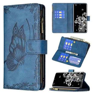 For Samsung Galaxy S20 Ultra Flying Butterfly Embossing Pattern Zipper Horizontal Flip Leather Case with Holder & Card Slots & Wallet(Blue)