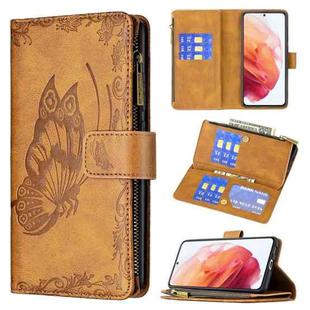 For Samsung Galaxy S21 5G Flying Butterfly Embossing Pattern Zipper Horizontal Flip Leather Case with Holder & Card Slots & Wallet(Brown)
